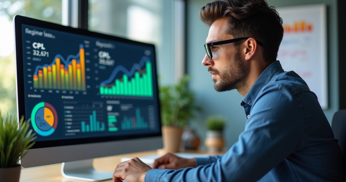 Gestor de marketing digital analisando métricas de campanha em tela de computador com gráficos e dados de CPL